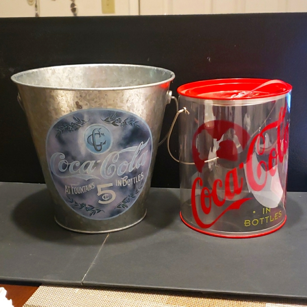 Set of 2 COCA-COLA TIN Bucket carriers metal silver plastic